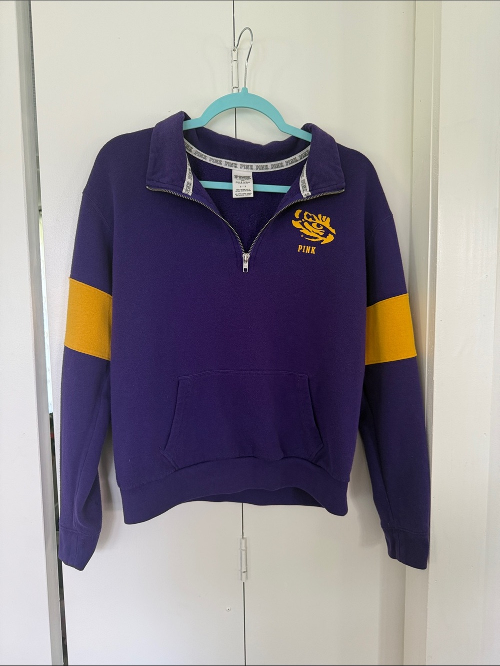 PINK Victoria's Secret Purple Half-Zip Pullover with LSU Gold Stripes